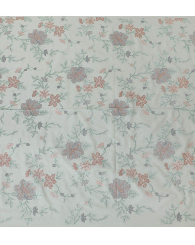 قماش فيستا فوال قطني أخضر بنفس اللون، تطريز رمادي وبني بتصميم زهور-D14477
