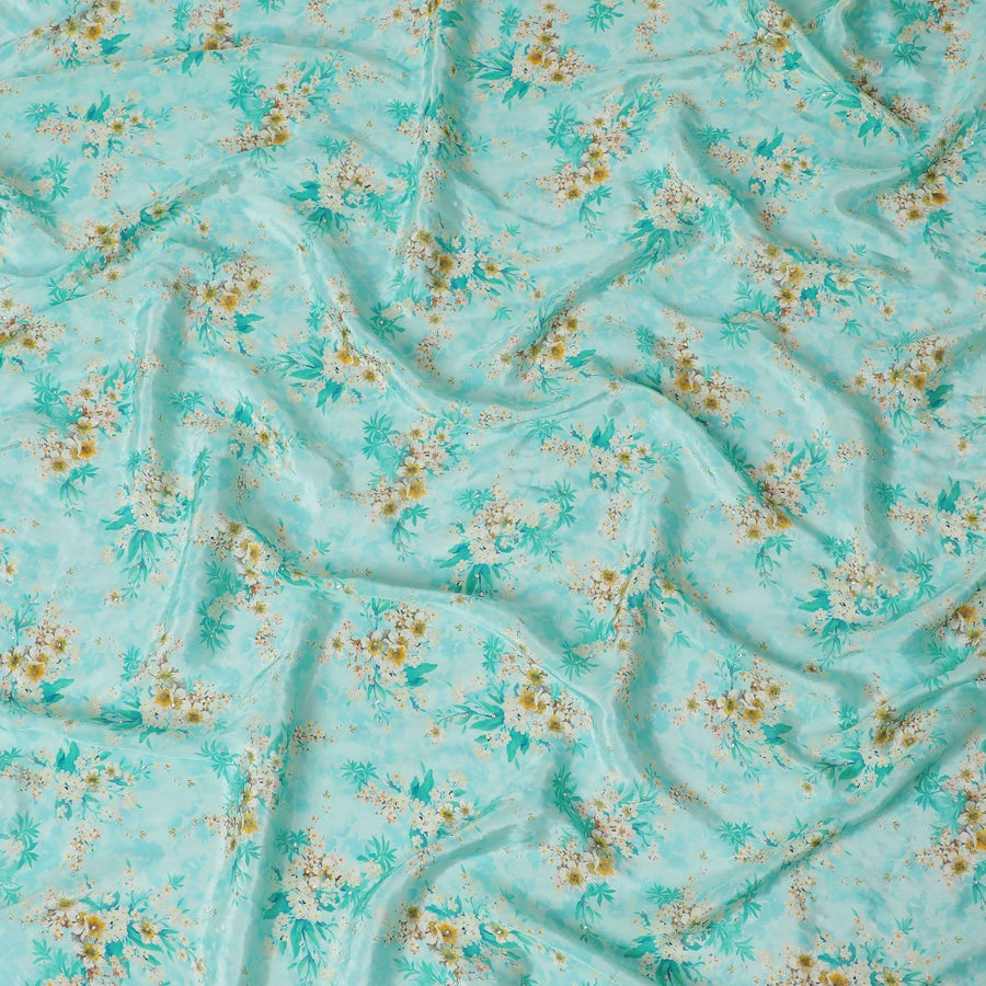 Turquoise blue synthetic crepe fabric with beige and mustard yellow print having stone work in floral design-D15295
