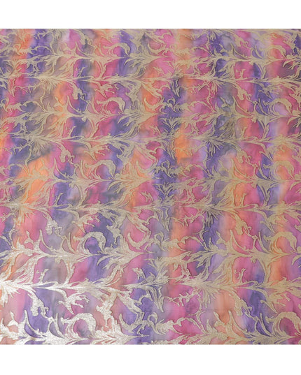 شيفون من الحرير الخالص متعدد الألوان مع لوريكس معدني ذهبي بتصميم أوراق الشجر -D11384