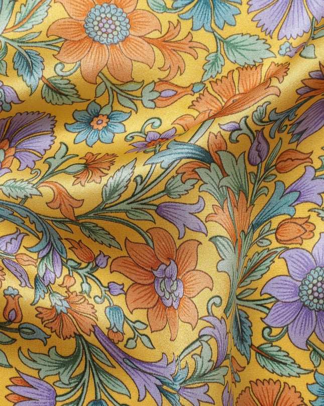 Honey yellow silk satin fabric with green, orange & violet prints in floral design-D11143