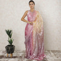 Light gold, lavender pink Premium pure French silk chiffon saree with rose pink metallic lurex in floral design-D12583
