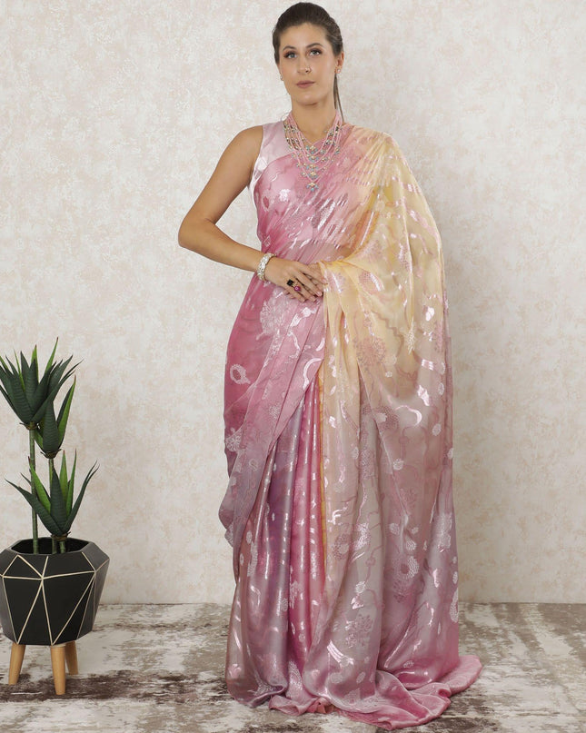 Light gold, lavender pink Premium pure French silk chiffon saree with rose pink metallic lurex in floral design-D12583
