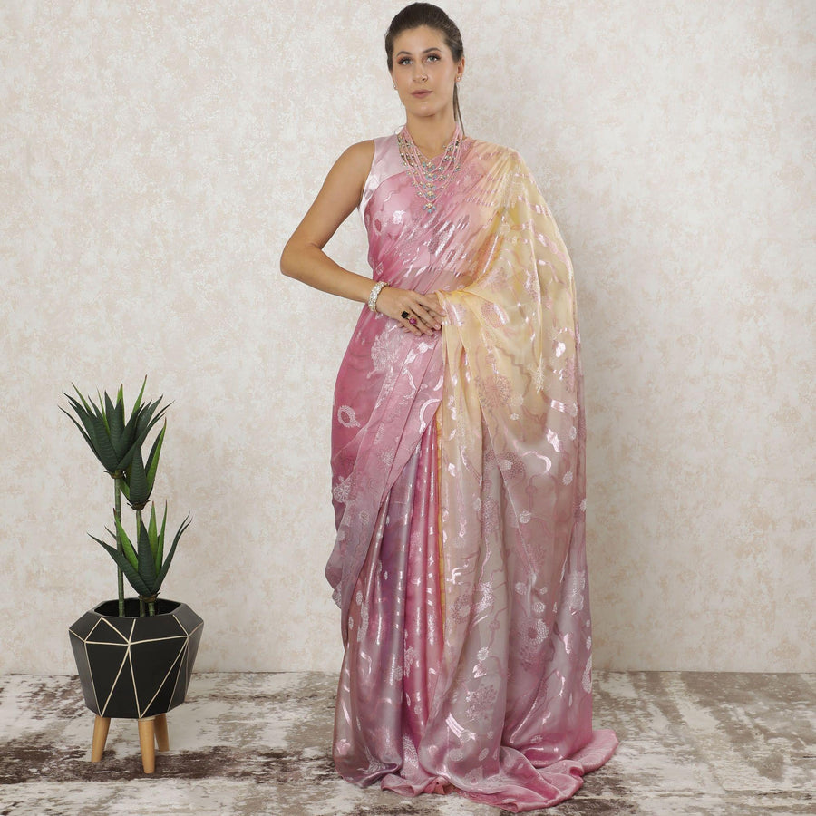 Light gold, lavender pink Premium pure French silk chiffon saree with rose pink metallic lurex in floral design-D12583