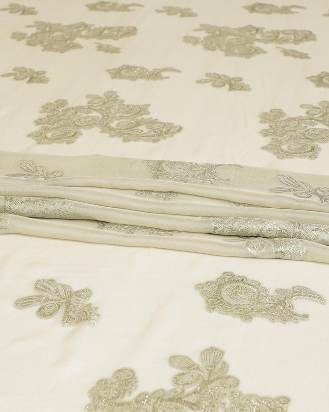 Beige premium pure silk chiffon dirac fabric with gold metallic lurex in floral design-D9326