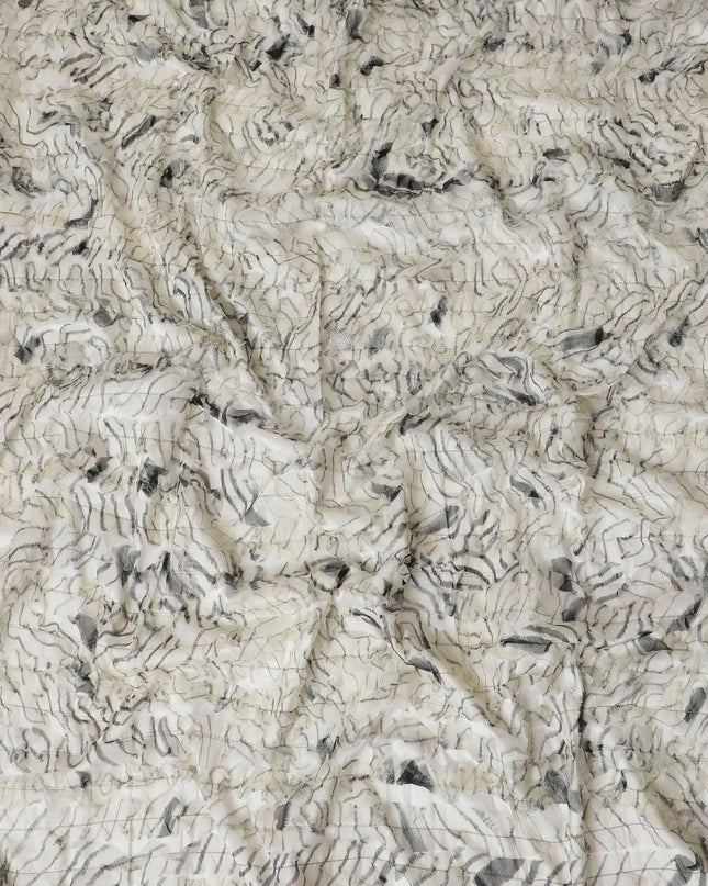 Off white synthetic chiffon fabric with beige and black fancy embroidery in stripe design-D11769 Regal Fabrics
