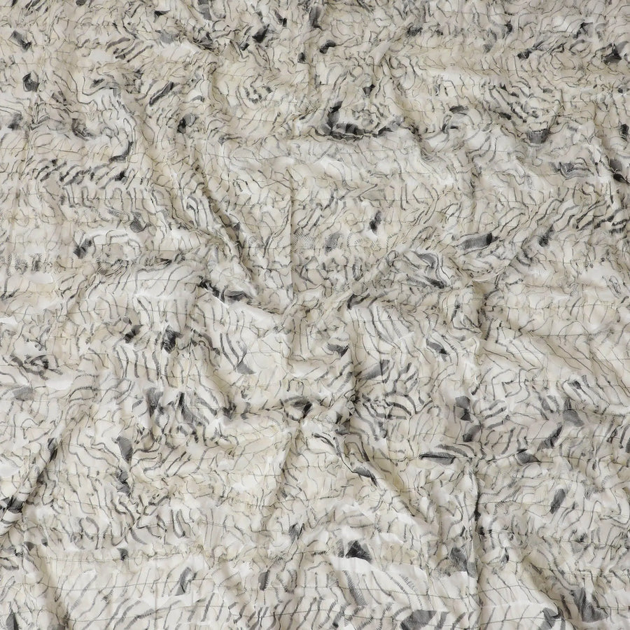 Off white synthetic chiffon fabric with beige and black fancy embroidery in stripe design-D11769 Regal Fabrics