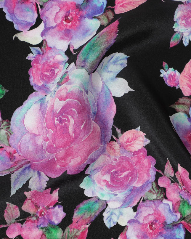 Black viscose fabric with multicolor print in floral design-D12263