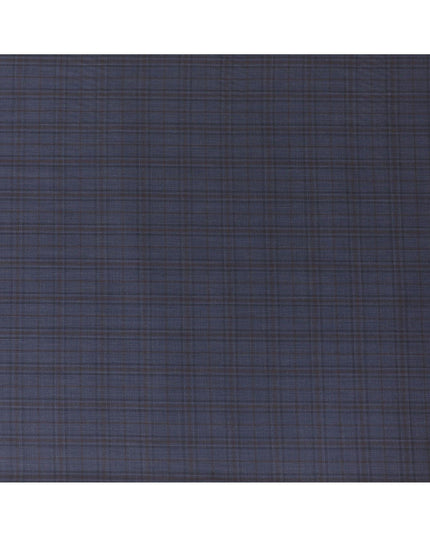 Indigo blue Premium Super 130's Italian blended wool suiting fabric with brown checks design-D10818
