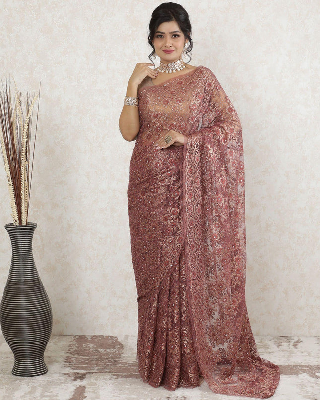 نحاس بورجوندي، دانتيل الساري الفرنسي شانتيلي المعدني النقي الذهبي الفاخر مع عمل حجري بتصميم الأزهار-D13514