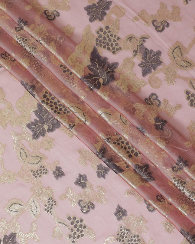 قماش شيفون حريري فرنسي (فرنساوي) فاخر باللون الوردي القرميدي مع الفيسكوز الأسود والوركس المعدني الذهبي بتصميم الأزهار-D14275