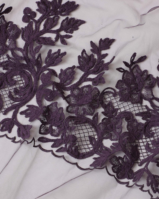 Plum nylon tulle fabric with same tone fancy embroidery in floral design-D7748 Regal Fabrics