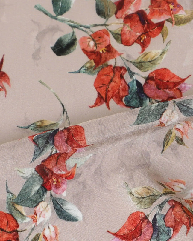 Pale brown synthetic crepe fabric with multicolor print in floral design-D14457 Regal Fabrics
