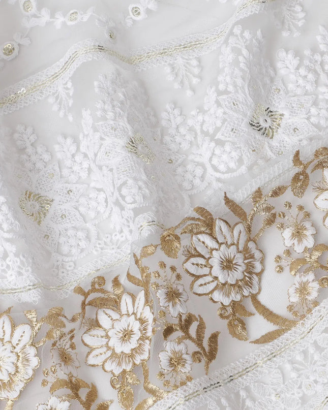 Rhino grey nylon tulle fabric with white and gold embroidery having gold sequins in fancy design-D6904 Regal Fabrics