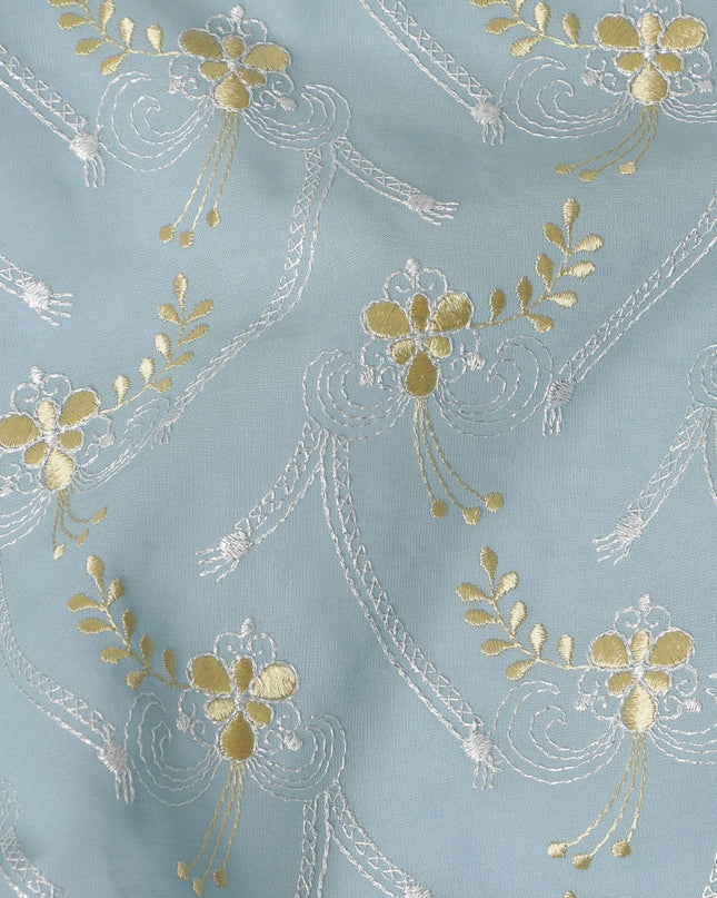 قماش الفوال القطني السويسري الفاخر 100% (الثوب السوداني) باللون الأزرق الفاتح مع تطريز ذهبي وفضي بتصميم زهور-D13520