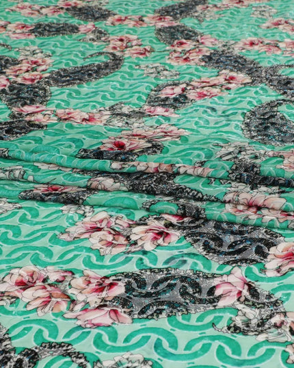 Turquoise green Premium Italian Silk chiffon dirac (makmal) fabric with multicolor print having velvet jacquard in floral design-D8696 Regal Fabrics