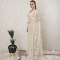 Beige, Light gold Premium two tone French chantilly lace saree in floral design-D11455