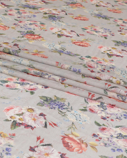 Harbor grey silk chiffon fabric with purple, olive green, beige and flamingo pink print in floral design-D6269