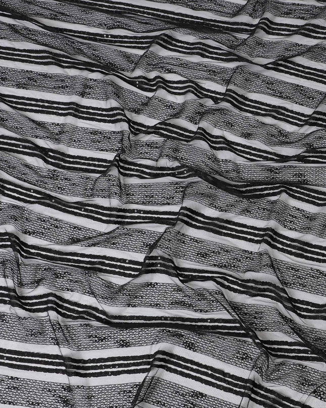 Black nylon tulle fabric with same tone embroidery and sequins in stripe design-D6666