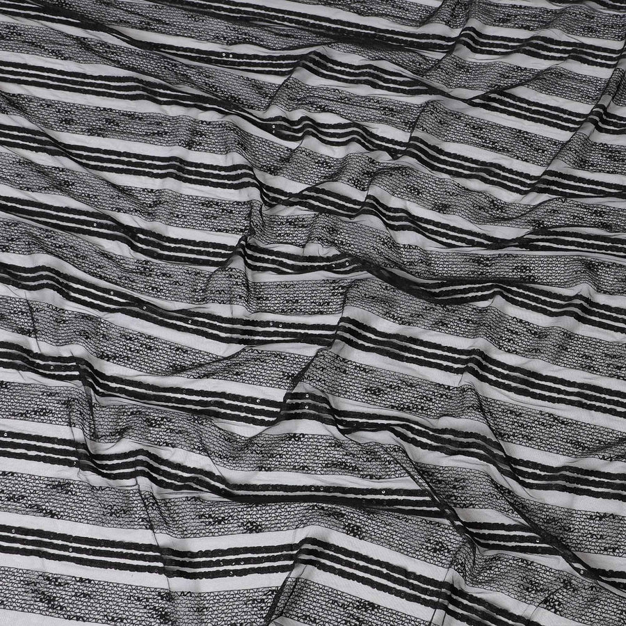 Black nylon tulle fabric with same tone embroidery and sequins in stripe design-D6666