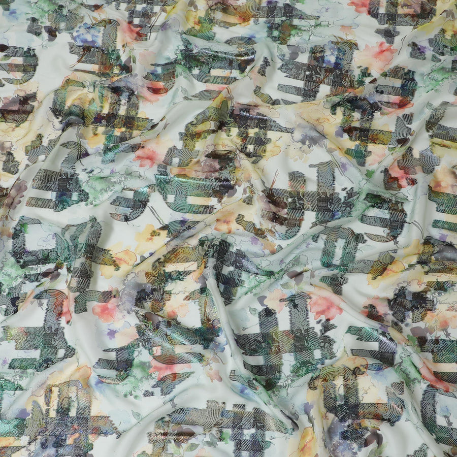 قماش شيفون من الحرير الخالص باللون الأزرق الفاتح مع طباعة متعددة الألوان ولوريكس معدني بتصميم تجريدي-D13734