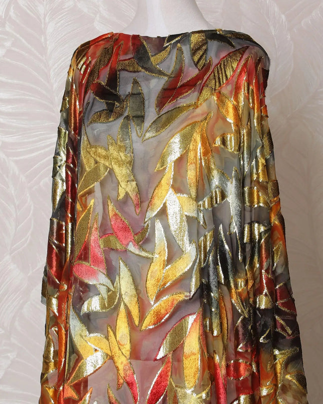 Multicolor Premium pure silk blended velvet makmal dirac fabric with gold metallic lurex in Leaf design-D14873 Regal Fabrics