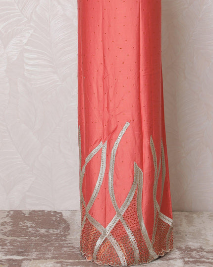 Salmon peach blended cotton lawn fabric with same tone, gold embroidery having stone work in fancy design-D15064