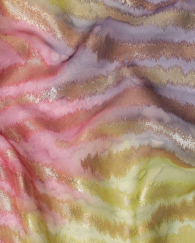 قماش شيفون حريري فرنسي (فرنساوي) فاخر متعدد الألوان مع لوركس معدني ذهبي بتصميم زهور-D14022