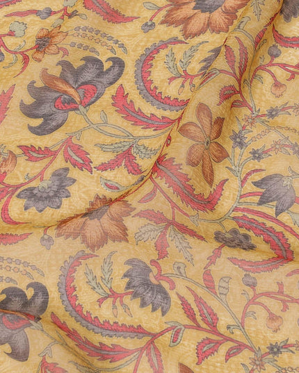 Flax yellow pure silk chiffon fabric with multicolor print in floral design-D8187