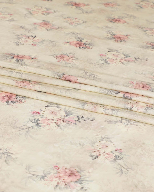 Beige viscose fabric with brown, olive green and brick pink print in floral design having stone work-D6726