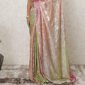 Pastel green, rose pink Premium pure French silk chiffon saree having golden metallic lurex in checks design-D12578
