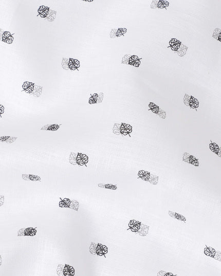 White premium pure linen fabric with black and grey print in fancy design-D12275