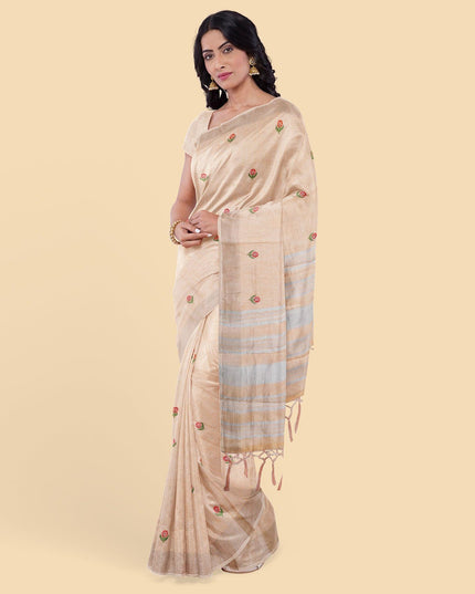 Peach linen saree with multicolor embroidery in floral design-D12799 Regal Fabrics