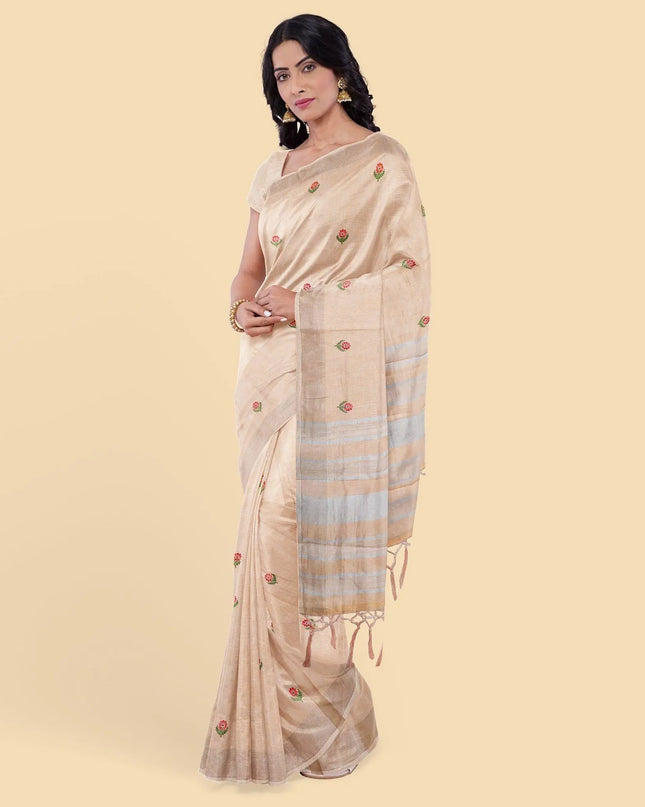 Peach linen saree with multicolor embroidery in floral design-D12799 Regal Fabrics