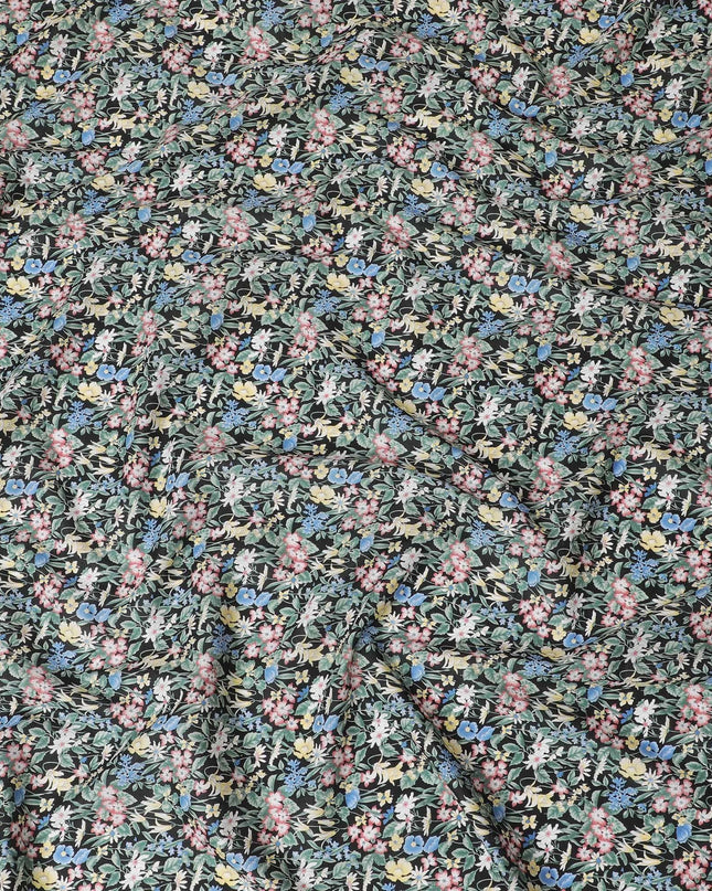 Black cotton lawn fabric with multicolor print in floral design-D15223
