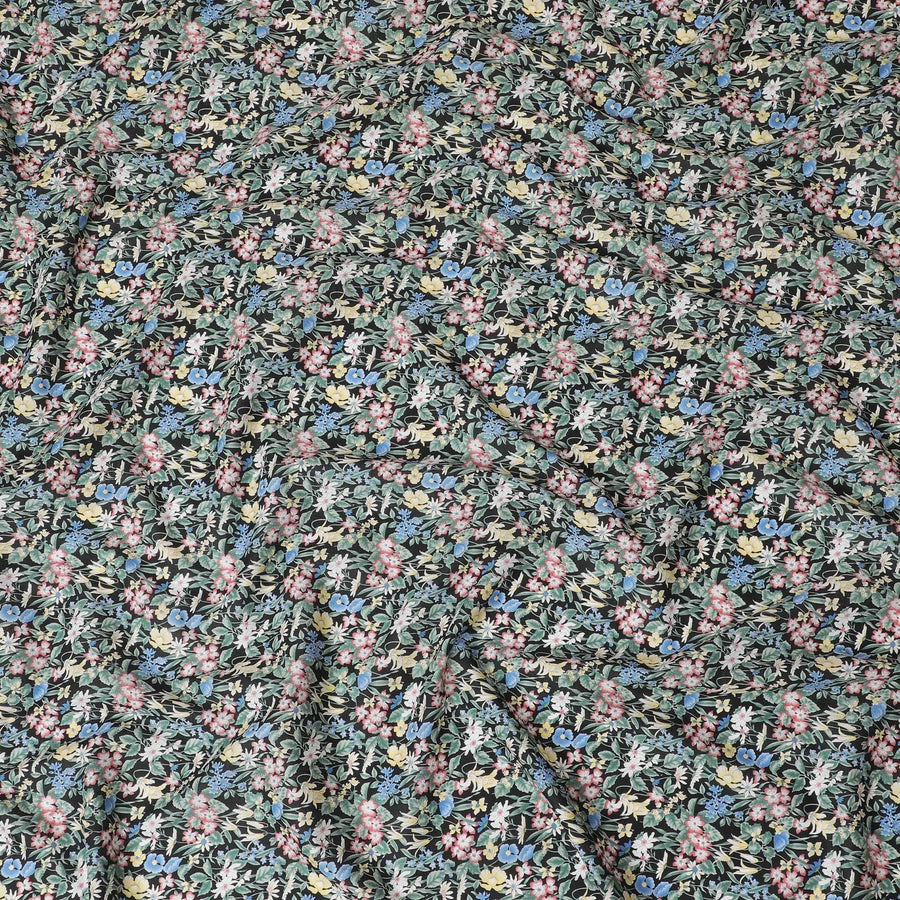 Black cotton lawn fabric with multicolor print in floral design-D15223