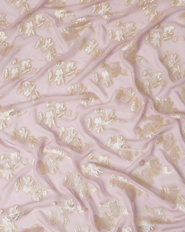 Light lavender premium pure silk chiffon fabric with same tone viscose and gold metallic lurex in floral design-D13132