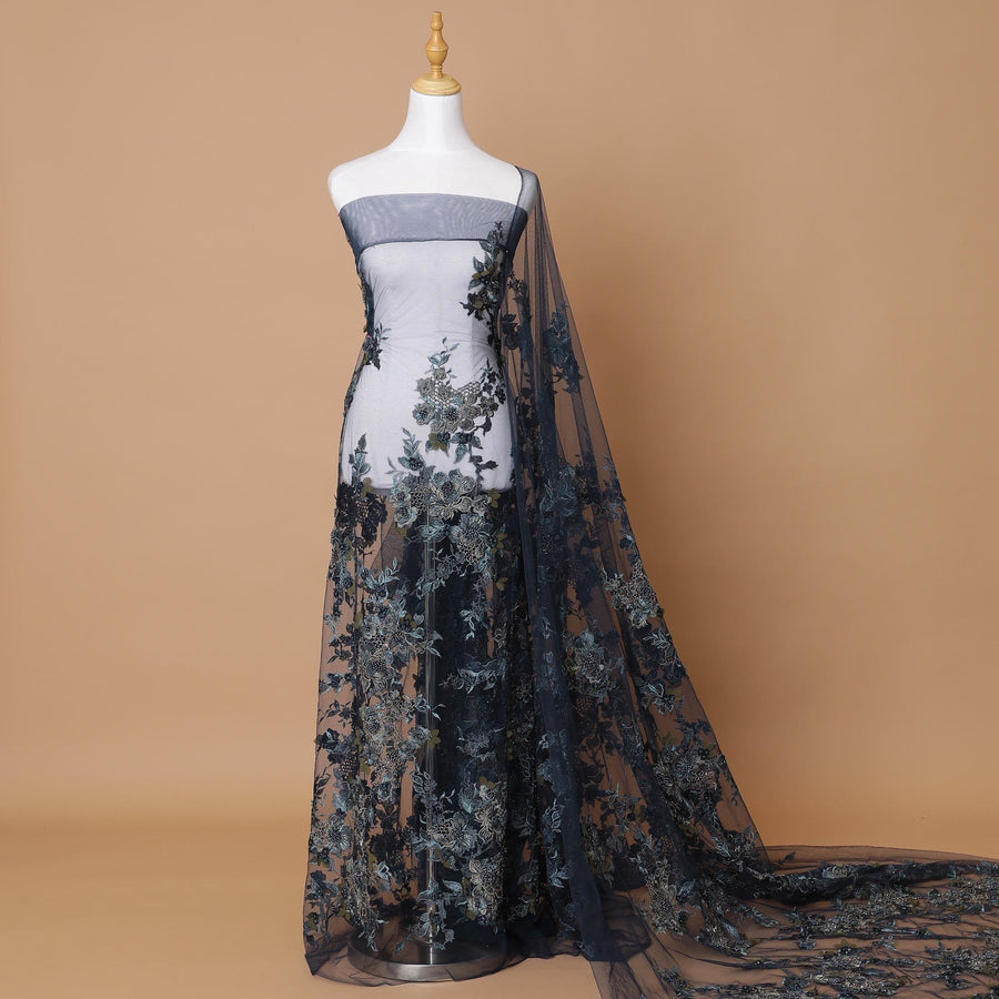 قماش تول نايلون فاخر باللون الأزرق البترولي بنفس اللون، أخضر زيتوني، تطريز أزرق، لؤلؤ، خرز، بتلات زهور خضراء زيتونية بتصميم زهور-D7923