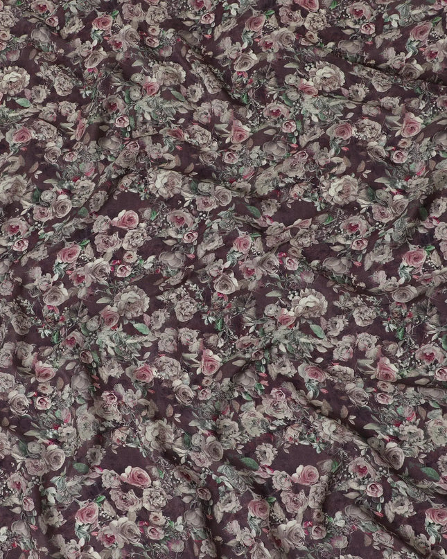Mocha brown viscose crepe fabric with multicolor print in floral design-D15350 Regal Fabrics