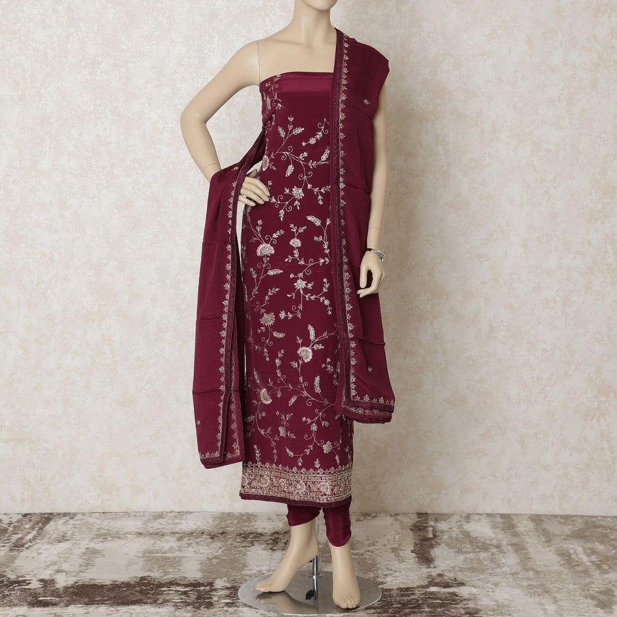 Magenta purple silk crepe kameez with gold embroidery having sequin work in floral design. Magenta purple plain salwar with silk dupatta having gold embroidery-D12675