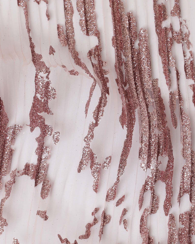 قماش تول نايلون وردي مرجاني مع تطريز لامع فاخر بنفس اللون بتصميم فاخر-D13983