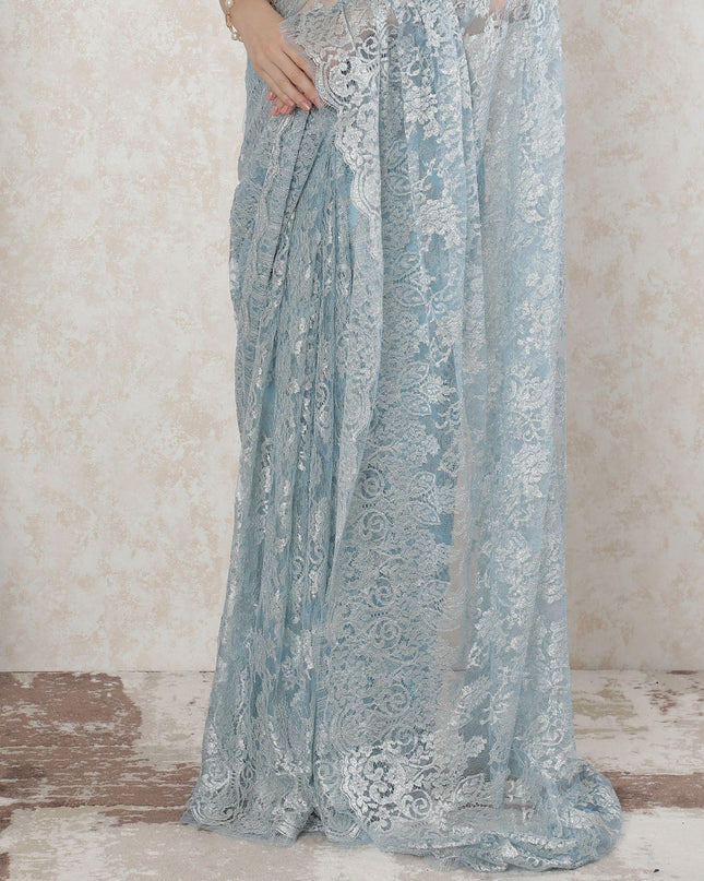 Powder blue, silver Premium pure French metallic chantilly lace saree in floral design-D14501