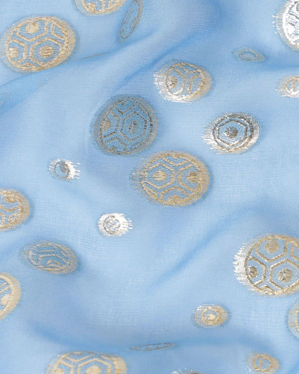 Carolina blue silk chiffon fabric with gold and silver metallic lurex in dot design-D7292