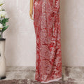 Scarlet red, gold, silver Premium pure French metallic chantilly lace saree having stone work in floral design-D14541