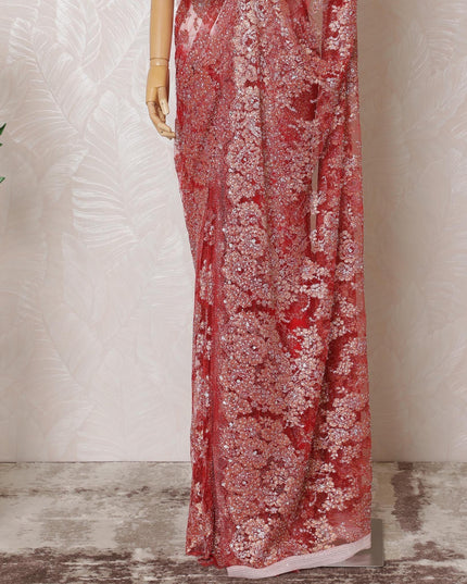 Scarlet red, gold, silver Premium pure French metallic chantilly lace saree having stone work in floral design-D14541