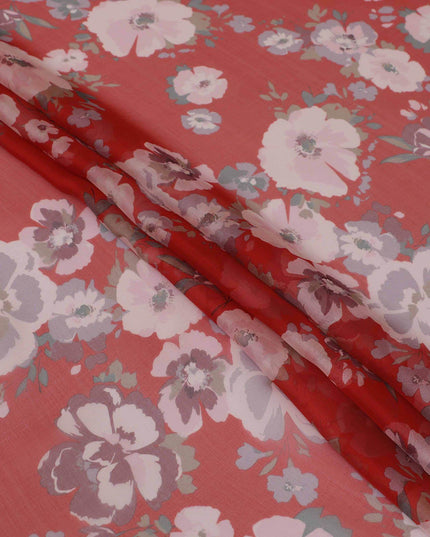 Crimson red premium pure silk chiffon fabric with multicolor print in floral design-D13228