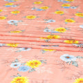 Salmon orange premium pure silk crepe fabric with sun flower yellow, baby blue and beige print in floral design-D9393 Regal Fabrics