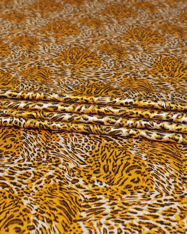 Grey premium 100% Pure silk satin fabric with black and mustard yellow print in animal skin design-D9291