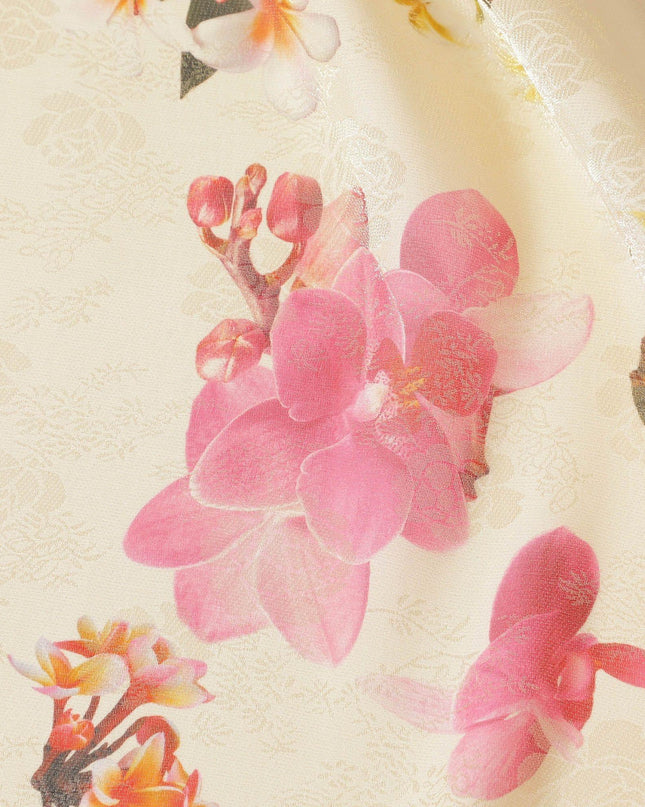 Latte beige silk chiffon fabric with multicolor print in floral design having organza finish-D6638