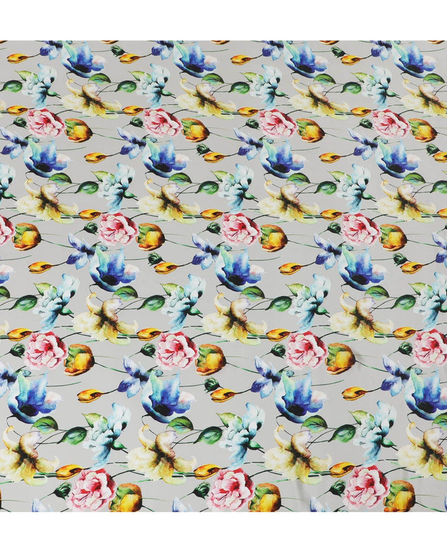 قماش كريب صناعي باللون الرمادي السحابي مع طباعة متعددة الألوان بتصميم الأزهار-D14463