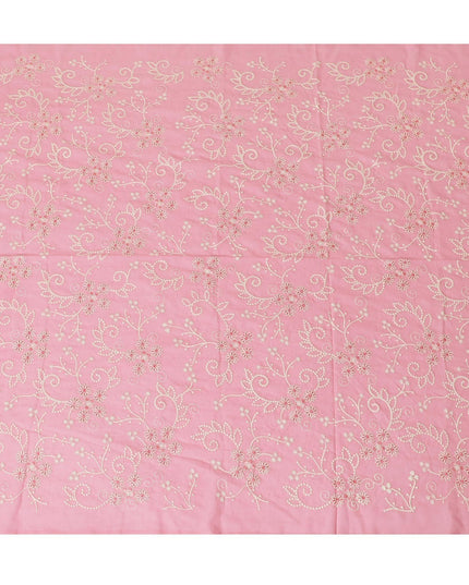 قماش الفوال القطني الخالص الفاخر باللون الوردي السلمون بنفس اللون والتطريز البيج بتصميم الأزهار-D13598